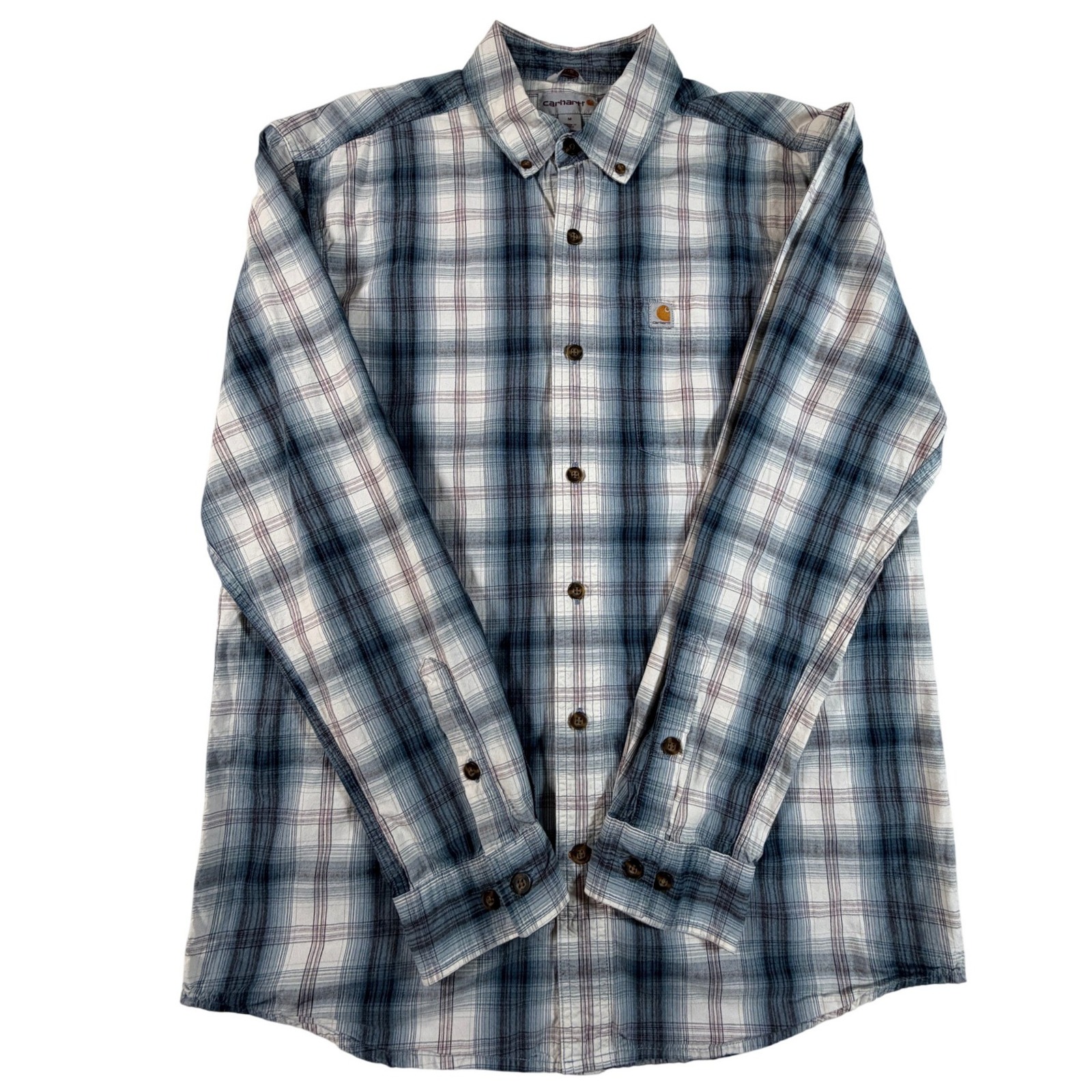 Carhartt Mens Medium Relaxed Fit Plaid Button Down Shirt Blue White Long Sleeve